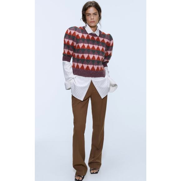 Zara Puff Shoulder Mohair Sweater Small Purple Patterned Holiday Pullover - Picture 1 of 10